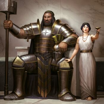 1boy 1girl ancient_greek_clothes architecture armlet armor armored_boots artist_logo barefoot beard belt belt_buckle boots breastplate brown_eyes buckle calliphone chain chiton commentary cup elijah_arhpriest english_commentary facial_hair faulds full_armor gold_belt gold_chain greco-roman_architecture greco-roman_clothes greek_painting_style grey_eyes hair_belt hammer hand_on_another's_knee hand_on_helmet hazard_stripes height_difference helmet highres holding holding_cup holding_hammer holding_weapon indoors iron_warriors jewelry leg_armor logo long_hair looking_to_the_side marble_(stone) marble_floor no_headwear ornate_armor pauldrons pelvic_curtain perturabo plate_armor plume primarch serious shoulder_armor sitting_on_throne step-siblings toga unworn_headwear unworn_helmet vambraces war_hammer warhammer_40k weapon