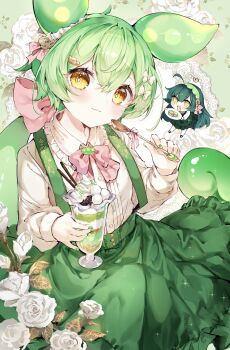 2girls :3 absurdres ahoge blush bow bowtie bright_pupils buttons center-flap_bangs character_request chibi chibi_inset closed_mouth collared_shirt commentary_request cowboy_shot cup flower food frilled_shirt_collar frilled_skirt frills full_body glass green_background green_hair green_hairband green_nails green_skirt hair_between_eyes hair_bow hair_ornament hairband hands_up head_tilt highres holding holding_cup holding_plate holding_spoon ice_cream long_hair long_sleeves looking_at_viewer low_ponytail mary_janes multiple_girls nail_polish noyu_(noyu23386566) ojou-sama_zundamon open_mouth pantyhose pink_bow pink_bowtie plate ponytail rose shirt shoes simple_background skirt smile solo_focus spoon suspender_skirt suspenders very_long_hair voiceroid voicevox white_bow white_flower white_pantyhose white_pupils white_rose white_shirt yellow_eyes zundamon