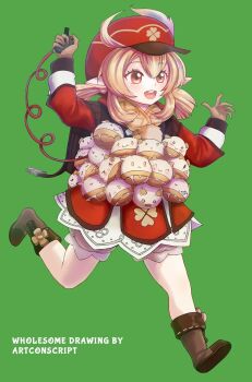 1girl :d ahoge arms_up art_conscript artist_name backpack bag bloomers bomb boots brown_boots brown_gloves brown_scarf newsboy_cap clover_print coat command_&amp;_conquer command_&amp;_conquer:_generals commentary english_commentary english_text explosive full_body genshin_impact gloves green_background hair_between_eyes hat hat_feather hat_ornament highres holding jumpy_dumpty klee_(genshin_impact) knee_boots kneehighs light_brown_hair long_hair long_sleeves looking_at_viewer low_twintails open_mouth orange_eyes outstretched_arms parody pointy_ears randoseru red_coat red_hat running scarf sidelocks simple_background smile socks solo spread_arms suicide_bomb terrorist_(c&amp;c:_generals) trait_connection trigger twintails underwear