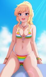 Rule 34 | 1girl, absurdres, bare legs, bikini, blonde hair, blue eyes, blush, bracelet, breasts, cleavage, collarbone, commentary request, contamination (contami0813), feet out of frame, front-tie bikini top, front-tie top, groin, highres, idolmaster, idolmaster cinderella girls, jewelry, light rays, looking at viewer, medium breasts, multicolored bikini, multicolored clothes, navel, ohtsuki yui, outdoors, ponytail, sidelocks, sitting, smile, solo, stomach, striped bikini, striped clothes, swimsuit