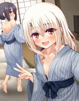 Rule 34 | 2girls, :d, bare shoulders, barefoot, bath yukata, black hair, blue kimono, blush, breasts, brown eyes, collarbone, commentary request, fate/kaleid liner prisma illya, fate (series), highres, illyasviel von einzbern, indoors, japanese clothes, kimono, long hair, looking at viewer, miyu edelfelt, mochi (k620803n), multiple girls, off shoulder, open mouth, paid reward available, red eyes, short hair, shoulder blades, small breasts, smile, striped clothes, striped kimono, v, vertical-striped clothes, vertical-striped kimono, white hair, yukata