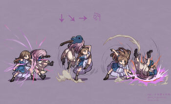 2girls absurdres arrow_(symbol) attack_trail baiken bang_dream! bang_dream!_it&#039;s_mygo!!!!! bilibili_username black_footwear body_slam brown_hair chihaya_anon command_input commentary_request dated dress fighting_game guilty_gear guitar highres idol_clothes instrument long_hair motion_lines multiple_girls multiple_views nagasaki_soyo nero_augustus pink_hair purple_background simple_background twitter_username