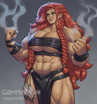 1girl abs artist_name bare_shoulders belt black_belt blue_eyes braid breasts chest_belt cleavage clenched_hands closed_mouth collarbone commentary commission cowboy_shot dark-skinned_male dark_skin english_commentary face_piercing facial_tattoo feathers gradient_background grey_background hands_up huge_breasts lip_piercing lips long_hair looking_to_the_side m4rjinn midriff muscular muscular_female navel nose original pelvic_curtain piercing red_hair solo steam tattoo thick_thighs thighs twin_braids very_long_hair wrist_belt