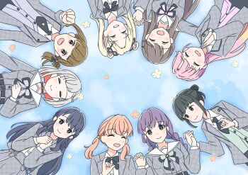 Rule 34 | 3rd live tour try tri unity!!!, 6+girls, :d, ^ ^, anyoji hime, birdcage (love live!), black choker, black hair, black necktie, black pants, black ribbon, blazer, blonde hair, blue background, blue hair, blunt bangs, blush, braid, brown hair, cardigan, cerise bouquet, choker, circle formation, closed eyes, closed mouth, collared shirt, colored inner hair, commentary request, dark blue hair, diagonal bangs, dollchestra, double bun, dress, dress shirt, flower symbol, fujishima megumi, gradient hair, green cardigan, green eyes, green ribbon, grey cardigan, grey dress, grey hair, grey jacket, grey ribbon, grey shirt, grin, hair bun, hair ornament, hair ribbon, half updo, hanamusubi (love live!), highres, hinoshita kaho, holding hands, interlocked fingers, jacket, josho kiryu (love live!), kachimachi kosuzu, light blue hair, link! like! love live!, long hair, long sleeves, looking at viewer, love live!, low twin braids, low twintails, lying, medium hair, mira-cra park!, momose ginko, multicolored hair, multiple girls, murano sayaka, neck ribbon, necktie, o-ring, o-ring choker, official alternate costume, official alternate hairstyle, on back, open clothes, open jacket, open mouth, orange hair, osawa rurino, otomune kozue, own hands together, palms together, pants, pink cardigan, pink eyes, pink hair, pinky out, pleated skirt, ponytail, purple hair, red hair, ribbon, sailor collar, shirt, short hair, short necktie, side ponytail, sidelocks, single hair bun, single side bun, skirt, smile, split mouth, star (symbol), star hair ornament, teeth, tottsan, twin braids, twintails, upper teeth only, virtual youtuber, w arms, white sailor collar, white shirt, yugiri tsuzuri