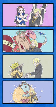 1girl 2025 4boys ^_^ afro arms_up aska_makoto black_hair black_suit blonde_hair blue_hair blue_skin bottle branded brook_(one_piece) closed_eyes colored_skin commentary_request crossed_arms crown cyborg devil_fruit_power extra_arms eyewear_on_head facial_hair feather_boa formal_clothes franky_(one_piece) goatee hair_over_one_eye hair_slicked_back hana_hana_no_mi hat heart heart-shaped_pupils highres holding holding_bottle japanese_clothes jinbe_(one_piece) kimono long_hair looking_at_another multiple_boys necktie nico_robin nico_robin_(return_to_sabaody) official_alternate_costume one_piece orange-tinted_eyewear orange_kimono pompadour sanji_(one_piece) sash sharp_teeth sideburns size_difference skeleton suit symbol-shaped_pupils teeth tinted_eyewear