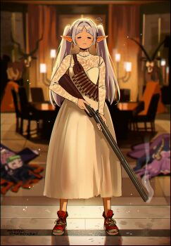 3girls :3 absurdres aura_(sousou_no_frieren) aura_bullying_(meme) black_hair blood_on_shoes blurry blurry_background chair closed_eyes closed_mouth commentary crossover demon_girl demon_horns dress earrings elf english_commentary frieren gun hair_intakes highres holding holding_gun holding_weapon horns indoors japanese_clothes jewelry kamado_nezuko kimetsu_no_yaiba long_sleeves lying meme mouth_hold multicolored_hair multiple_girls on_back on_stomach pointy_ears red_shoes shoes smoke smoking_barrel sneakers snegovski sousou_no_frieren standing table thick_eyebrows tongue tongue_out twintails two-tone_hair weapon white_dress