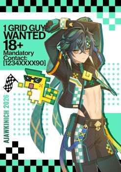 1boy absurdres ajaw_(genshin_impact) alternate_costume aqua_gloves aqua_headband black_gloves black_hair black_jacket black_shirt black_shorts black_sleeves black_thighhighs closed_mouth commentary_request crop_top english_text genshin_impact gloves green_eyes green_hair headband highres jacket kinich_(genshin_impact) liu_(erzplubdduik93g) male_focus midriff multicolored_gloves multicolored_hair navel shirt short_hair shorts solo stomach streaked_hair thighhighs two-tone_gloves