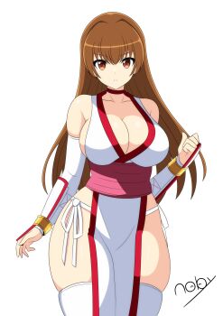 Rule 34 | 1girl, absurdres, artist name, breasts, brown eyes, brown hair, choker, cleavage, collarbone, cowboy shot, dead or alive, elbow gloves, falling petals, female focus, gloves, hair down, highres, japanese clothes, kasumi (doa), kimono, large breasts, long hair, looking at viewer, matching hair/eyes, ninja, noby, panties, parted lips, pelvic curtain, petals, pink sash, red choker, revealing clothes, ribbon, sash, side-tie panties, signature, simple background, solo, standing, team ninja, tecmo, teeth, thighhighs, thighs, tree, underwear, white background, white kimono, white panties, white thighhighs, wide hips, yellow ribbon
