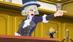 Rule 34 | 1girl, ace attorney, artist name, ascot, black vest, blue bow, boater hat, bow, coat, collared shirt, courtroom, doll, grey eyes, grey hair, hair bun, hat, hat bow, jenova (crimsonedge), long sleeves, looking to the side, objection, open mouth, outstretched arm, parody, pointing, purple brooch, purple coat, purple hat, reverse:1999, shirt, short hair, shouting, single side bun, solo, stanchion, upper body, vertin (reverse:1999), vest, waistcoat, white ascot, white shirt