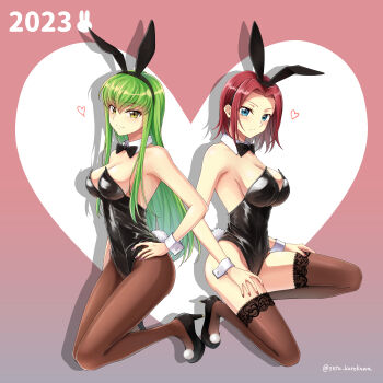 2023 2girls absurdres animal_ears black_bow black_bowtie black_footwear black_leotard blue_eyes blush bow bowtie breasts brown_pantyhose brown_thighhighs c.c. chinese_zodiac closed_mouth code_geass detached_collar fake_animal_ears female_focus full_body green_hair hand_on_own_hip hands_on_own_thighs heart high_heels highres kouzuki_kallen lace lace-trimmed_legwear lace_trim large_breasts leotard long_hair looking_at_viewer medium_breasts multiple_girls pantyhose playboy_bunny purple_nails rabbit_ears red_hair red_nails setu_kurokawa short_hair smile thighhighs twitter_username wrist_cuffs year_of_the_rabbit yellow_eyes