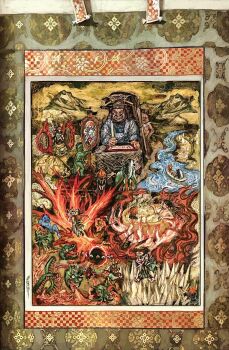 1girl 2boys ashiya_douman_(fate) black_hair bound bound_wrists demon dragon fate/grand_order fate_(series) fingernails fire fujimaru_ritsuka_(female) hell highres long_hair looking_back multicolored_hair multiple_boys orange_hair sharp_fingernails t0da two-tone_hair very_long_hair water white_hair