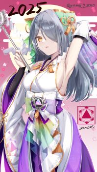 1girl 2025 absurdres arm_behind_head armpits breasts commentary_request detached_sleeves duel_masters duel_masters_play's geimudou gohei gold_trim gradient_clothes grey_hair hair_between_eyes hair_ornament hair_over_one_eye highres holding holding_gohei japanese_clothes kimono large_breasts logo long_hair miko multicolored_kimono nontraditional_miko open_mouth purple_kimono signature solo twitter_username wedding_(duel_masters) white_kimono yellow_eyes