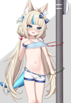 1girl absurdres animal_ear_fluff animal_ears azunyart bdsm bicycle_lock bikini blue_bikini blue_hair blush bondage bound bow cat_ears fins fish_girl fish_tail flat_chest hair_bow highres holding indie_virtual_youtuber long_hair low_twintails multicolored_hair navel predicament_bondage sameko_saba short_shorts shorts solo streaked_hair striped_bikini striped_clothes swimsuit tail twintails very_long_hair virtual_youtuber white_shorts
