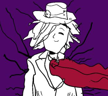 Rule 34 | 1boy, cape, closed eyes, closed mouth, commentary request, formal clothes, grin, hair over one eye, hat, jacket, looking at viewer, male focus, medium hair, nose, original, purple background, purple theme, simple background, sketch, smile, suit, vanila ice ice