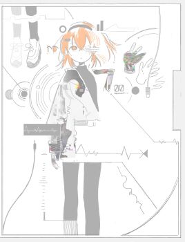 1girl a.i._voice abstract absurdres adachi_rei afterimage arm_at_side border closed_mouth commentary_request crossed_bangs disembodied_eye disembodied_hand expressionless gloves hair_ornament hairclip hand_up headlamp highres jacket jixing long_sleeves looking_at_viewer multiple_views orange_eyes orange_hair pantyhose partially_colored radio_antenna shirt shoes short_hair side_ponytail simple_background sneakers solo standing straight-on usb_cable utau waving