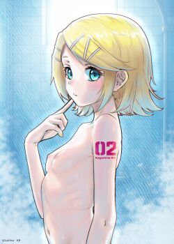 1girl absurdres aqua_eyes arm_at_side arm_tattoo bathroom blonde_hair blue_eyes breasts character_name finger_to_own_chin from_side hair_ornament hairclip hairpin hand_up highres index_finger_raised kagamine_rin light_blush looking_at_viewer looking_to_the_side luiiferdev multiple_hairpins navel nipples nude number_tattoo parallel_hairclips parted_bangs parted_lips ribs short_hair sideways_glance small_breasts solo steam tattoo tile_wall tiles upper_body vocaloid