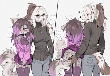 3girls :d animal_ears ass bare_shoulders black_hair blush breasts brown_hair brown_sweater cat_ears commentary dog_ears dog_girl dog_tail english_commentary eye_piercing face_piercing fingering furry furry_female furry_with_furry hair_over_one_eye heart highres jacket jewelry large_breasts long_hair miniskirt multiple_girls necklace nose_piercing open_mouth original pants piercing pink_hair pink_jacket ponytail purple_thighhighs pussy_juice red_skirt skirt smile sp1nosaur standing sweater tail thighhighs white_background white_hair yuri