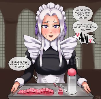 1girl alternate_costume apron blush breasts condom edelgard_von_hresvelg english_text enmaided female_focus fire_emblem fire_emblem:_three_houses hair_ribbon highres holding holding_tray looking_at_viewer maid maid_apron maid_headdress medium_breasts nintendo open_mouth purple_eyes ribbon sequential sex_toy solo sounds_good speech_bubble sweat tray vibrator vibrator_cord white_hair wingedwasabi