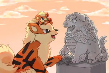 Rule 34 | animal focus, arcanine, arm up, black eyes, claws, commentary, fangs, gen 1 pokemon, growlithe, highres, huiro, komainu, nintendo, no humans, open mouth, orange fur, orange sky, pokemon, pokemon (creature), sharp teeth, sitting, sky, statue, striped fur, symbol-only commentary, teeth