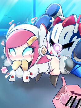 Rule 34 | 1boy, 1girl, absurdres, antennae, aquarium, armor, ass, bent over, black thighhighs, blue background, blue eyes, blue footwear, blush, bottomless, breasts, butt crack, buttons, censored, covered erect nipples, covering own mouth, cross-section, doggystyle, gauntlets, gloves, glowing, glowing eye, grabbing another's ass, groping, hair ornament, hairclip, headphones, heart, heart (symbol), heavy breathing, hetero, highres, hood, kirby: planet robobot, kirby (series), large breasts, mask, mecha, mecha knight, meta knight, mittens, nintendo, no humans, no pupils, pauldrons, payot, penis, pink hair, pointless censoring, pussy juice, pussy juice drip, robot, sex, sex from behind, shoulder armor, shunkoro paladin, single eye, spoken heart, standing, standing sex, susie (kirby), sweat, tearing up, thighhighs, trembling, uterus, vaginal, wet, white mittens, wrist cuffs, yellow gloves, yellow mittens