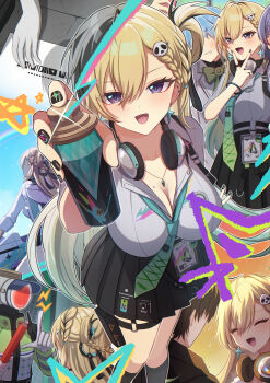 Rule 34 | 0roshioji3ran, 1boy, 1girl, :d, absurdres, android, black nails, black skirt, blonde hair, braid, braided bangs, breasts, cleavage, closed eyes, commentary request, earrings, facing another, gradient hair, green necktie, hair between eyes, hair ornament, headphones, headphones around neck, highres, holding, holding spray can, id card, jacket, jewelry, large breasts, long hair, looking at viewer, lynae (wuthering waves), male rover (wuthering waves), motor vehicle, motorcycle, multicolored hair, nail polish, necklace, necktie, open mouth, people, purple eyes, revision, rover (wuthering waves), s.i.g.m.a. (wuthering waves), skirt, skull hair ornament, smile, solo focus, spray can, star (symbol), star earrings, v, v over mouth, white jacket, wuthering waves