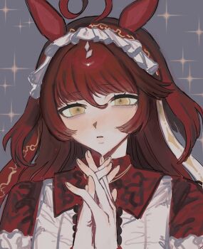 1girl ahoge animal_ears blunt_bangs blunt_ends frilled_hairband frills hair_between_eyes hairband highres horse_ears horse_girl inui_tyan long_hair own_hands_clasped own_hands_together parted_lips red_desire_(umamusume) red_hair red_hairband solo umamusume yellow_eyes