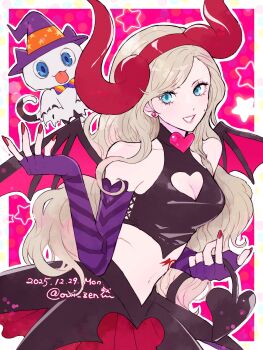 Rule 34 | 1girl, :p, armpit crease, bare shoulders, black shirt, black tail, blonde hair, blue eyes, border, breasts, cleavage, cleavage cutout, clothing cutout, commentary, crop top, dated, demon horns, demon tail, demon wings, earrings, elbow gloves, fake horns, fingerless gloves, ghost costume, gloves, hair down, hairband, halterneck, heart, heart cutout, highres, holding own tail, horn hairband, horns, jewelry, large breasts, long hair, looking at viewer, midriff, morgana (persona 5), nail polish, navel, oui zen, outside border, persona, persona 5, pink background, pink lips, purple gloves, red hairband, red nails, red skirt, shirt, side part, sideboob, skirt, smile, star (symbol), stomach tattoo, symbol-only commentary, tail, takamaki anne, tattoo, teeth, tongue, tongue out, twitter username, white border, wings