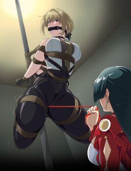 2girls absurdres arm_strap arms_behind_back astra_yao bdsm bit_gag black_hair black_pants blonde_hair bondage bound bound_arms bound_legs breast_bondage chest_harness elbow_gloves evelyn_chevalier gag gagged gloves hair_up harness high-waist_pants highres jackets latex_pants long_ribbon multiple_girls necktie pants restrained ring_hair_ornament rope ryner-e shibari shibari_over_clothes single_elbow_glove thigh_beads tight_clothes tight_pants uneven_bangs yellow_necktie zenless_zone_zero