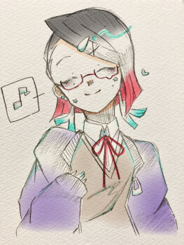 1boy alternate_costume asymmetrical_bangs black_hair blush brown_sweater_vest cardigan closed_eyes closed_mouth colored_tips commentary_request cropped_torso demon_boy enmu_(kimetsu_no_yaiba) glasses hair_ornament hairclip hand_up heart highres kimetsu_no_yaiba male_focus medium_hair multicolored_hair musical_note nail_polish neck_ribbon nekosann0119 open_cardigan open_clothes purple_cardigan rectangular_eyewear red_ribbon ribbon sleeves_past_wrists smile solo speech_bubble split_mouth spoken_musical_note star_on_cheek sticker sticker_on_face straight-on sweater_vest symbol-shaped_pupils teardrop-framed_glasses traditional_media trap upper_body wing_collar x_hair_ornament zipper