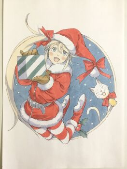 1girl animal bell belt belt_buckle black_belt blonde_hair blue_eyes boots bow bowtie brown_gloves buckle cat christmas clothed_animal coat commentary fur-trimmed_boots fur-trimmed_coat fur-trimmed_headwear fur_trim gift gloves hair_bow hat highres holding holding_gift holly legs_up long_hair looking_at_viewer neck_bell open_mouth original peter_salt red_boots red_bow red_bowtie red_coat red_hat red_thighhighs round_image santa_costume santa_hat side_ponytail smile solo striped_clothes striped_thighhighs thighhighs traditional_media very_long_hair white_cat zipper