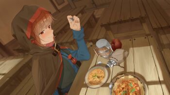 1girl absurdres apple blue_shirt blush brown_cloak brown_hair cloak coin commission duang_(user_tsag8258) fang food fruit grey_vest highres holding holding_coin holo hood hooded_cloak indoors long_sleeves looking_at_viewer money pixiv_commission red_eyes shirt solo spice_and_wolf vest