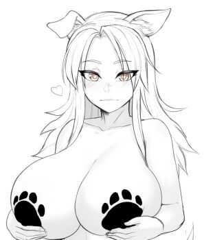 1girl animal_ears blush borrowed_character breast_hold breasts dog_ears ego_trigger eyebrows female_focus forehead greyscale heart huge_breasts lass_(ego_trigger) long_hair monochrome nude original pasties paw_panties paw_print razalor sagging_breasts sketch solo upper_body