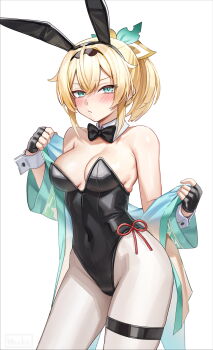 Rule 34 | 1girl, :/, ahoge, alternate costume, animal ear hairband, animal ears, aqua eyes, black bow, black bowtie, black gloves, black hairband, black leotard, blonde hair, blush, bow, bowtie, breasts, closed mouth, covered navel, cowboy shot, crossed bangs, detached collar, double-parted bangs, fake animal ears, gloves, hair between eyes, hair bow, hair flaps, hairband, haori, hashtag-only commentary, highleg, highleg leotard, highres, hololive, japanese clothes, kazama iroha, leotard, looking at viewer, medium breasts, multicolored bow, pantyhose, playboy bunny, ponytail, rabbit ear hairband, rabbit ears, short hair, side-tie leotard, simple background, solo, strapless, strapless leotard, thigh strap, traditional bowtie, virtual youtuber, white background, white pantyhose, wszkii, yellow haori