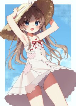 1girl absurdres armpits arms_up bare_arms bare_shoulders blue_eyes blue_sky border brown_hair cloud commentary_request cowboy_shot dress flat_chest hat highres long_hair looking_at_viewer monobeno open_mouth outside_border panties pantyshot sawai_natsuha short_dress sky sleeveless sleeveless_dress smile solo straw_hat sun_hat sundress takepoison tareme underwear white_border white_dress white_panties