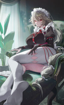 1girl absurdres alexandrina_sebastiane black_dress breasts commentary couch dress gloves grey_hair highres indoors juliet_sleeves kneehighs large_breasts light_particles long_hair long_sleeves looking_at_viewer low-tied_long_hair lying maid maid_headdress ninebell no_shoes on_couch on_side pantyhose pantyhose_cutout parted_lips partially_fingerless_gloves plant potted_plant puffy_sleeves red_eyes single_kneehigh single_leg_pantyhose single_sock socks soles solo very_long_hair white_headdress white_pantyhose zenless_zone_zero