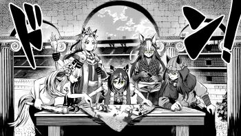 Rule 34 | 5girls, ahoge, alternate costume, anchor tattoo, animal ears, beanie, blunt bangs, bow, breast tattoo, breasts, candle, capelet, chest sarashi, club (weapon), commentary, dream journey (umamusume), ear bow, ear covers, ears through headwear, english commentary, glasses, gloves, gold ship (umamusume), greyscale, hair between eyes, hat, highres, holding, holding knife, holding scepter, horse ears, horse girl, horse tail, knife, large breasts, long hair, long sleeves, map, midriff, monochrome, multicolored hair, multiple girls, nakayama festa (umamusume), navel, orfevre (umamusume), pants, pillbox hat, robe, sakanaflyer, sarashi, scepter, shirt, single ear cover, sitting, smile, spot color, stay gold (umamusume), stay gold clan (umamusume), table, tail, tattoo, tunic, two-tone hair, umamusume, vest, weapon, wooden table, yellow eyes