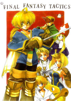 2girls 4boys ahoge ankokuseijin blonde_hair blue_eyes blue_shirt boots brown_eyes brown_footwear cape chocobo copyright_name fake_horns final_fantasy final_fantasy_tactics gauntlets gloves hair_between_eyes hair_intakes hat highres holding holding_staff holding_sword holding_weapon horns knight_(fft) long_hair looking_at_another looking_at_viewer mitre monk_(fft) moogle multiple_boys multiple_girls open_mouth poleyn ponytail ramza_beoulve retro_artstyle robe shirt short_hair single_horn smile staff summoner_(fft) sword thigh_boots time_mage time_mage_(fft) weapon white_cape white_mage white_mage_(fft) white_mage_(final_fantasy)