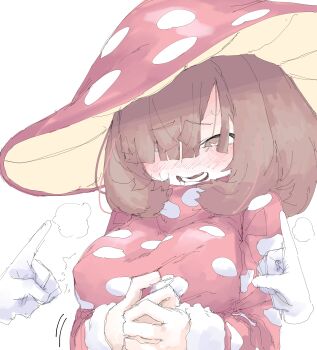 absurdres blush boku_no_hero_academia breasts brown_hair covered_erect_nipples embarrassed heavy_breathing highres komori_kinoko large_breasts mocamocaink nipple_stimulation solo sweat trembling