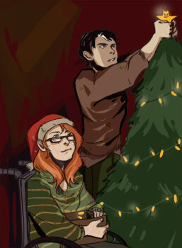 1boy 1girl barbara_gordon batman_(series) box christmas christmas_lights christmas_tree dc_comics glasses hat jason_todd multicolored_hair oracle oracle_(dc) orange_hair santa_hat striped_clothes striped_sweater sweater two-tone_hair wheelchair