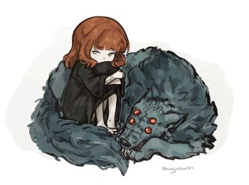 1girl barefoot black_robe blunt_bangs child commentary extra_eyes fear_&amp;_hunger_(series) fear_&amp;_hunger_1 grey_eyes grey_fur hugging_own_legs kingjoshua long_sleeves medium_hair moonless_(fear_&amp;_hunger) orange_eyes orange_hair robe scar scar_on_arm sitting solo the_girl_(fear_&amp;_hunger) twitter_username two-tone_background white_background wolf