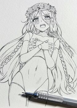 1girl art_tools_in_frame blush braid commentary_request doll_joints elden_ring elden_ring_nightreign embarrassed flower_wreath graphite_(medium) greyscale head_wreath highres joints monochrome multiple_braids navel open_mouth photo_(medium) revenant_(elden_ring) seishun_dendeke solo traditional_media