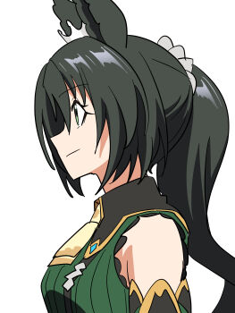 Rule 34 | 1girl, absurdres, animal ears, ascot, baasaku (balasaku24), black suspenders, breasts, closed mouth, commentary request, crown ornament, detached sleeves, ear ornament, ear through crown, from side, green eyes, green hair, green sweater, highres, horse ears, horse girl, long hair, looking to the side, necktie, satono crown (emerald journey) (umamusume), satono crown (umamusume), side ponytail, simple background, sleeveless, sleeveless sweater, solo, sweater, umamusume, upper body, white background, yellow ascot, yellow necktie