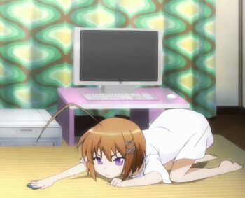 10s 1girl animated animated_gif brown_hair cellphone computer computer_keyboard female_focus hair_ornament haruna_(korezom) kore_wa_zombie_desu_ka? no_shoes phone purple_eyes shirt short_hair solo