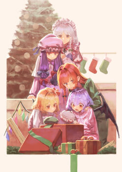 5girls absurdres alternate_costume bat_wings blonde_hair blush bow box braid christmas christmas_tree closed_mouth crystal crystal_wings flandre_scarlet gift gift_box green_bow green_pajamas hair_bow hat highres hong_meiling izayoi_sakuya long_hair long_sleeves maid_headdress mob_cap multicolored_wings multiple_girls nepperoni one_side_up open_mouth pajamas patchouli_knowledge pink_hat pink_pajamas purple_eyes purple_hair red_bow red_eyes red_hair remilia_scarlet siblings sisters sitting smile socks touhou white_pajamas wings