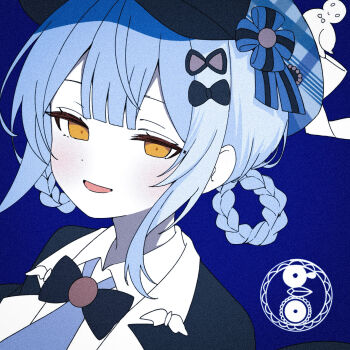 1girl bird_hat_ornament black_hat blue_background blue_hair blue_necktie braid braided_hair_rings deerstalker gokuchou hair_ornament hair_rings half-closed_eyes hat highres looking_at_viewer lumina_(1umin4) magical_girl mahou_shoujo_no_majo_saiban necktie open_mouth orange_eyes simple_background smile solo tachibana_sherry