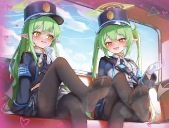 2girls :o absurdres alternate_breast_size_(larger) armband black_jacket black_shorts black_skirt blue_archive blue_armband blush breasts brown_pantyhose chinese_commentary commentary_request commission crossed_legs demon_horns earrings gloves green_hair halo heart highres hikari_(blue_archive) hongshi_(13234456009) horns jacket jewelry long_hair looking_at_viewer medium_breasts multiple_girls nozomi_(blue_archive) pantyhose pixiv_commission pointy_ears shorts siblings single_earring sisters sitting skirt straight_hair train_interior twins twintails very_long_hair white_gloves yellow_eyes