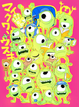 1boy animification blue_eyes colored_skin cyclops full_body green_eyes green_skin horns male_focus mike_wazowski monsters_inc. multiple_persona no_humans one-eyed open_mouth smile solo teeth yokotn
