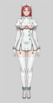 1girl arms_at_sides body_freckles breasts bulge closed_mouth clothing_cutout collared_dress commentary covered_erect_nipples cross dress elbow_gloves english_commentary freckles full_body futanari garter_straps gloves green_eyes grey_background hat heart highres looking_at_viewer medium_breasts microdress nurse nurse_cap original parted_bangs puffy_short_sleeves puffy_sleeves red_hair shoes short_hair short_sleeves simple_background solo standing straight-on tachi-e tarakanovich thighhighs underboob_cutout white_dress white_gloves white_hat white_shoes white_thighhighs