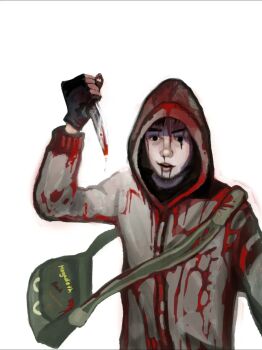 Rule 34 | 1boy, bag, black gloves, black hair, blood, blood from mouth, blood on clothes, blood on face, blood splatter, bloody weapon, clenched hand, commentary, cry of fear, english commentary, facial hair, fingerless gloves, gloves, goatee stubble, grey hoodie, highres, holding, holding knife, hood, hood up, hoodie, knife, looking at viewer, male focus, moonkitty08, nosebleed, partially shaded face, short hair, shoulder bag, simon henriksson, simon henriksson (book), solo, stubble, variant set, weapon