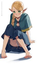 Rule 34 | 1girl, barefoot, blonde hair, blue capelet, blue robe, blush, braid, capelet, closed mouth, dungeon meshi, elf, embarrassed, green eyes, highres, hood, hooded capelet, knees up, long hair, looking at viewer, marcille donato, panties, patreon username, pointy ears, robe, sitting, toes, underwear, white background, white panties, zefrableu